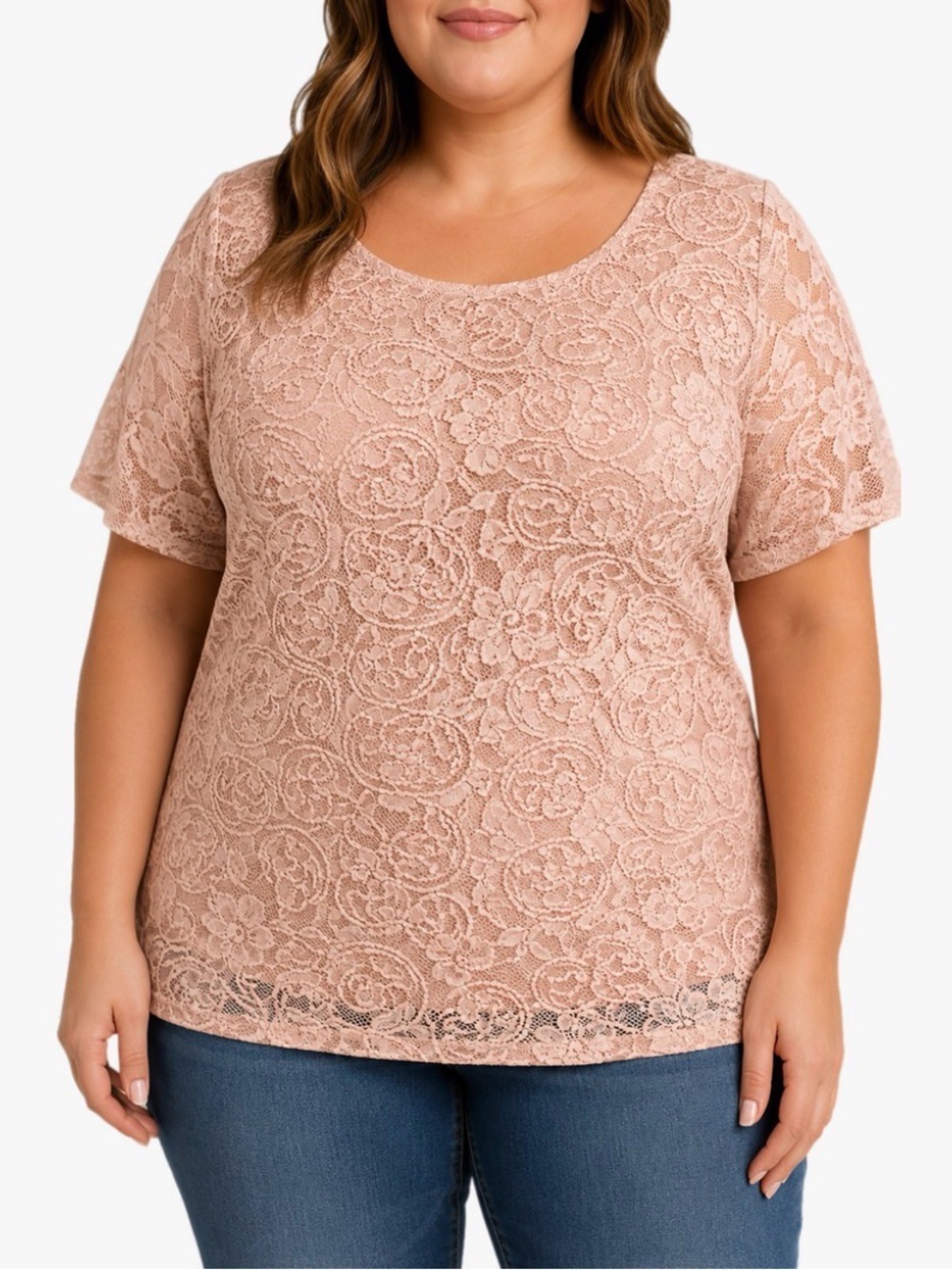 Worthington Blush Pink Floral Lace Flutter Sleeve Semi Sheer Top Plus Size 2X
